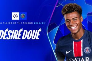 决赛2射1传！官方：19岁巴黎边锋杜埃当选欧冠赛季最佳年轻球员